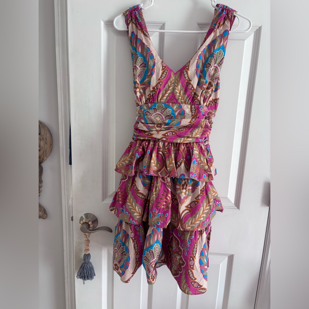 Tiered V-Neck Mini Dress in Pink Paisley